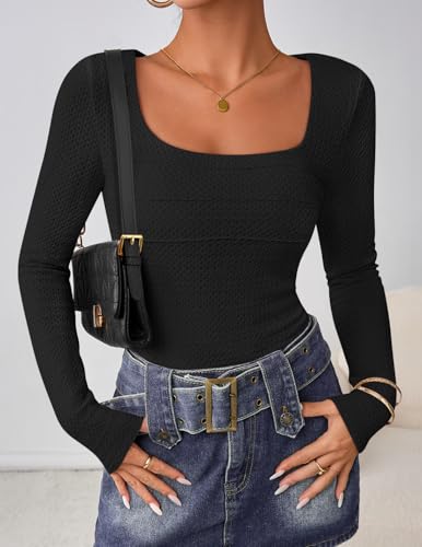 ZESICA Women's Long Sleeve Shirts 2025 Fall Fashion Square Neck Slim Fit Basic Going Out Tops Trendy Outfits2