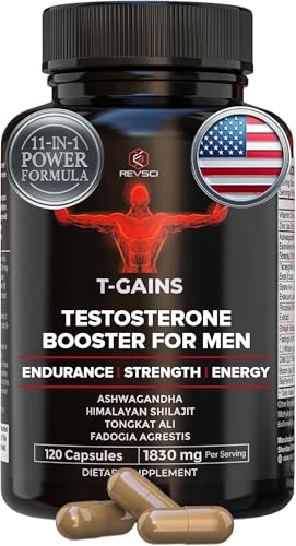 T-GAINS Testosterone Booster for Men for Muscle Growth (120 Caps) - Boosts Endurance, Strength, & Energy - Testosterone Supplement for Men, TRT Test Booster & Estrogen Blocker - HGH Supplements