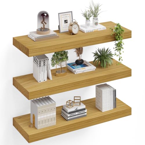 Image of 36 inch Extra Deep Floating Shelves, Set of 3, Natural Wood | 36 inchL x 12 inchD x 1.8 inchH, Set of 3, Solid Paulownia Wood, Natural Finish, Hidden Brackets, Hardware Included