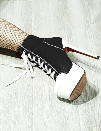 Women's Black Platform Ankle Boots Stiletto High Heel Short Boot Lace-Up Canvas Sneaker Booties Closed Round Toe Shoes with Side Zipper for Ladies Sexy Spring Fall Winter4