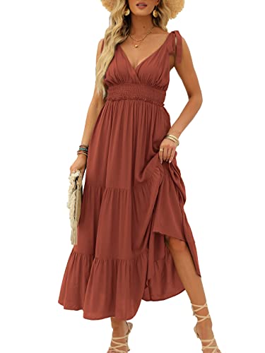 DEEP SELF Women's Summer V Neck Tie Strap Maxi Dress Halter Ruffle Hem Long Dresses Spaghetti Strap Long Flowy Dresses4