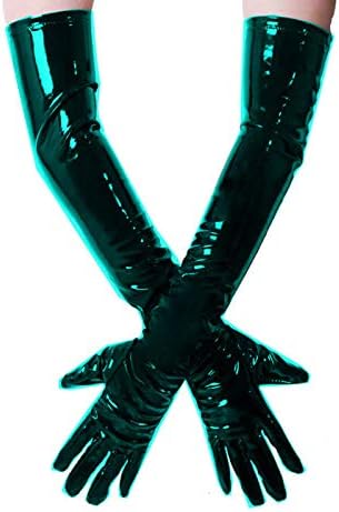 Fetish Queen Women PVC Look Glossy Five Fingers Gloves Shiny Arm Length Gloves