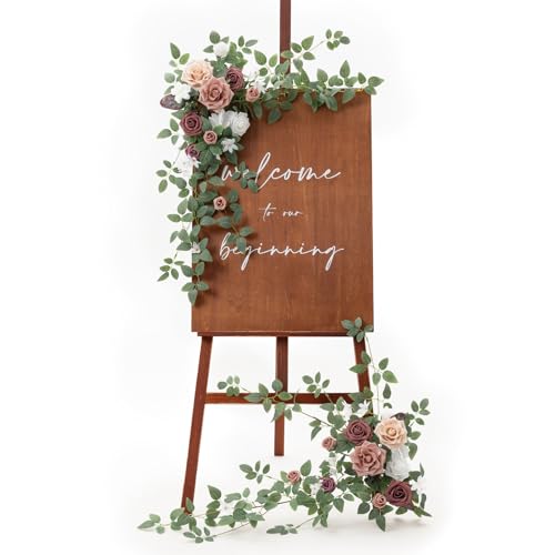 Ling's moment 2pcs Wedding Flowers Garland Artificial Floral Swag Arch Decorations Greenery Arrangements Dusty Rose Mauve Ceremony Reception Garden Easel Wall Entryway Outdoor Board(NOT Include Sign)