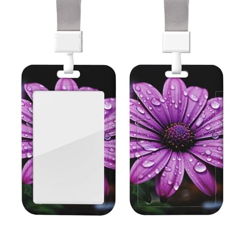 スライド式IDバッジホルダー ストラップ付き プラスチックカードケース プロテクターポーチ クリアウィンドウ付き IDクレジットカード名札 パープルデイジーバッジホルダー 看護師 医師 事務用品