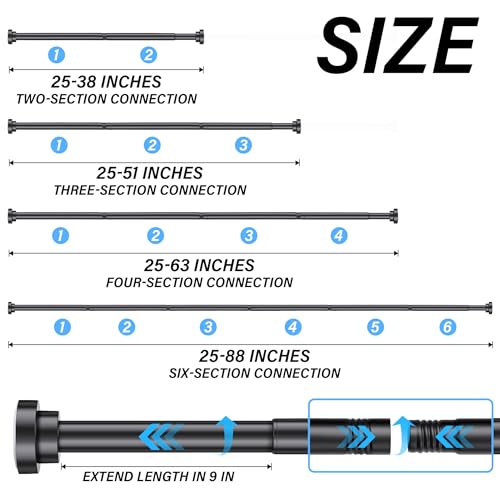 Suranew 25-63\" Black Adjustable Spring Tension Shower Rod, No Drill Stainless Steel Rust-Resistant Heavy Duty Bathroom/Closet Rod
