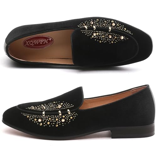 Men's Luxury Velvet Penny Loafers with Fashion Spiked, Casual Penny Loafers for Men, Noble Slip-on Dress Loafers Glitter Suede Smoking Slippers (Black)3