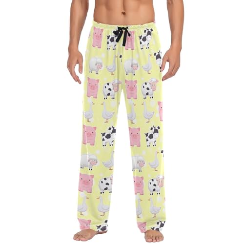 Men’s Cartoon Farm Animals Pajama Pants with Pockets, Comfortable Lounge Sleep Bottoms#73