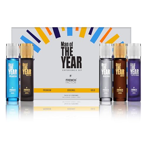 Image of French Factor Man Of The Year Luxury Perfume Gift Set for Man Long Lasting Perfume collection Of 5 Eau de Parfum, Gold | Premium | Original | Royal Oud | For The Strong (Pack of 5, 30ml each)