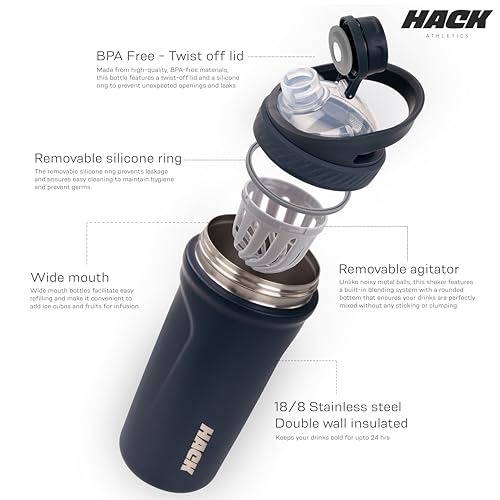 Image of Hack Athletics Premium Stainless Steel Insulated Shaker Bottles for Gym, Protein Shaker, Pre Workout Bottle, Water Bottle for Men and Women, BPA Free Material 100% Leakproof | 709ML (Blue)