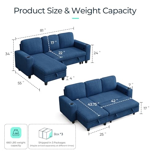 Image of LINSY HOME Sectional Sleeper Sofa with Pull Out Couch Bed Convertible Plush Corduroy Cloud Couch with Storage Chaise & USB Charging, Comfy L Shaped Modular Couches for Living Room Apartment (Blue)