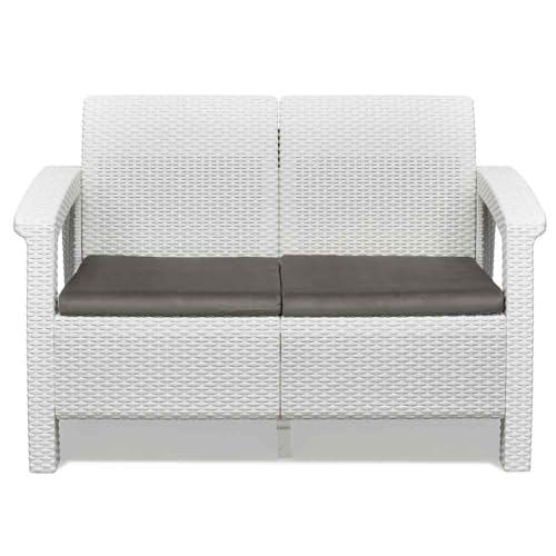 Image of Nilkamal Plastic Goa 2 Seater Balcony Sofa With Cushion | Indoor & Outdoor Furniture | Patio Chair Two Seater | Gardens Poolside Cafes Restaurants And Terraces Milky White & Grey