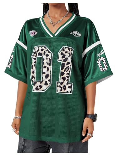 Verdusa Women's Y2k Jersey Shirt Baggy Shirt Oversized Tshirts Leopard Print V Neck Tshirt Tops