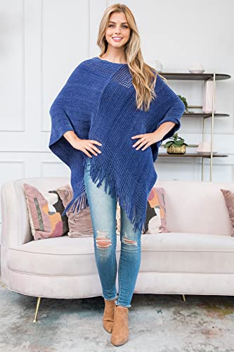 RIAH FASHION Warm Turtleneck Knit Stripe Fringe Hem Poncho - Fall Winter Asymmetric Pullover Sweater Shawl Wrap Tassel2