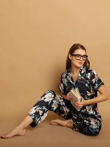 Image of Shararat Women's Satin Night Suit Shirt & Pyjama Set /Sleepwear /Lounge Night Wear /Night Dress, Blue
