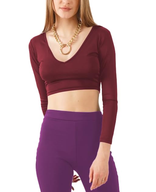 Image of THE BLAZZE Women's Cotton Regular Fit Stretchable Deep V Neck Full Sleeve Readymade Crop Top T- Shirt for Women L474
