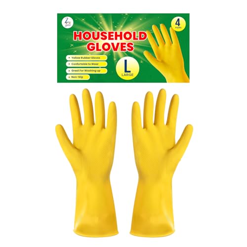 ZOPPER Household Cleaning Gloves Large 4 Pairs - Kitchen & Dishwashing Gloves with Non-Slip Grip Waterproof Durable Gloves for Bathroom Household Cleaning Tasks Yellow Rubber