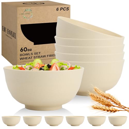 Image of Large Wheat Straw Bowls Set of 6, 60 OZ Unbreakable Serving Bowls, Microwave Safe & Dishwasher Safe, Perfect for Salad, Fruit, Cereal, Soup, Ramen, Family Meals, Beige