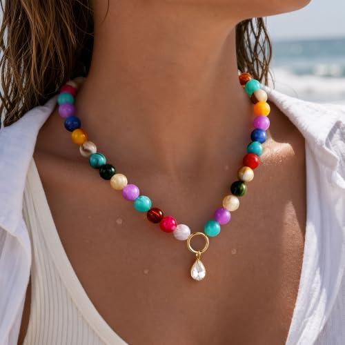 Turandoss White Beaded Necklace for Women, CZ Pendant Choker - image 5