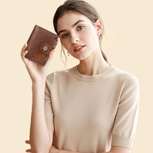 Blucoay RFID Blocking Leather Wallet for Women - Compact Bifold Card Holder with Removable ID Window in Dark Brown - Image 2