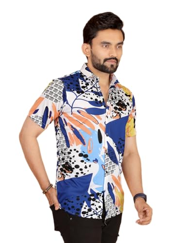 Image of Floral Print Short Sleeve Shirt, Black and White, Casual Cotton Blend VD 50