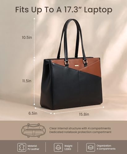 Image of LOVEVOOK Laptop Bag for Women 17.3 Inch Tote Bags Waterproof Leather Briefcase Computer Women Business Office Work Bag,Black /Brown