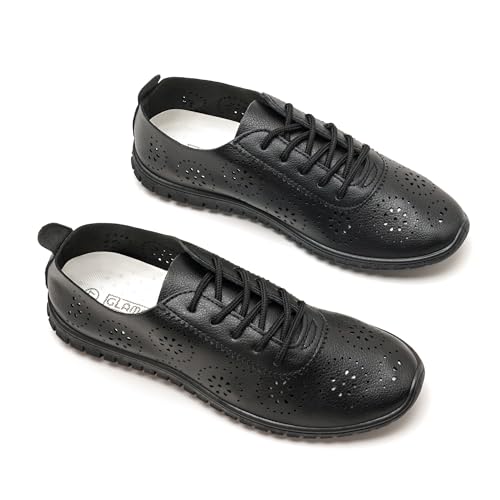 GLAMORA Zapatos Planos Mujer con Cordones, Transpirables y Calados, Suela Ligera y Flexible Negro Beige Blanco y Dorado (Black, Adulto, Mujer, 37, Números, Sistema Tallas Calzado EU, Estrecho)