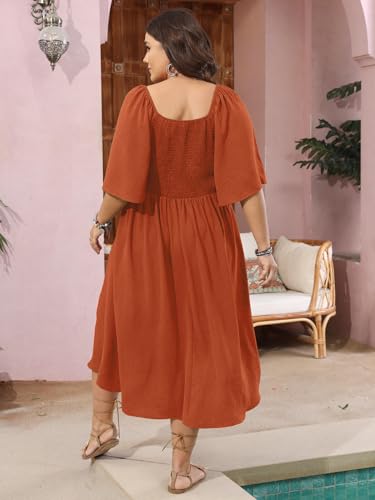 Image of SCOMCHIC Plus Size Summer Dress Casual Short Sleeve Bow Tie Deep V Neck Smocked Button Down Midi Flowy A-line Boho Dresses