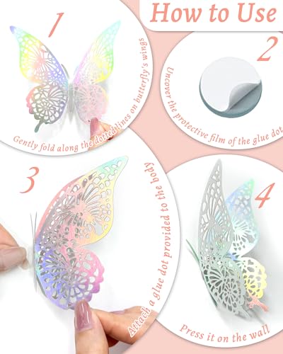 Image of 72Pcs 3D Butterfly Wall Decor, Laser Butterfly Decorations, 4 Styles 3 Sizes Removable Butterflies Room Decor Butterflies Wall Stickers for Birthday Party Garden Tea Cake Flower Decorations
