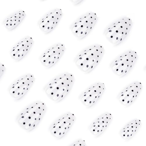 Image of Polka Dots Nails Press ons White Fake Nails Medium Almond False Nail Glossy Full Cover Glue on Nail Reusable Artificial Acrylic Stick on Nail for Women Manicure 24Pcs