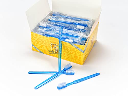 Dr. Bauer's Cepillos de dientes desechables con pasta dentífrica, envueltos individualmente, paquete de 100 unidades (azul)