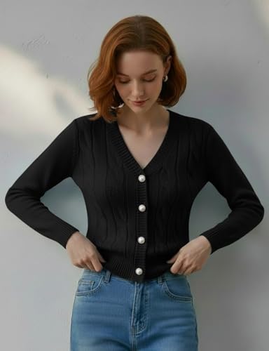 Image of Women's Casual Slim Fit Cardigan Sweaters Long Sleeve Button Down Lightweight Waist Length
