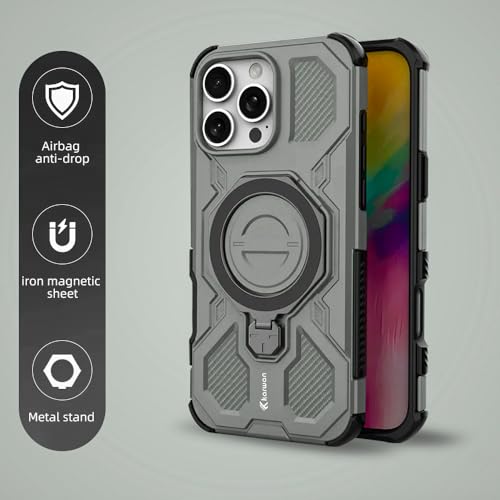 Image of KARWAN Tough Shockproof Armor Back Case Cover Compatible with iPhone 16 Pro Max with 360 Degree Rotation Magnetic Attraction Ring, Holder Heavy Duty Rugged Cover with MagEaze Wireless Charging (Grey)