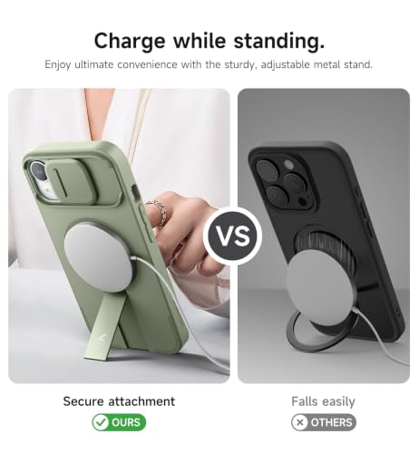 Image of SURITCH for iPhone 15 Case with Magnetic Camera Slide Cover and Adjustable Kickstand, Compatible with MagSafe, Shockproof Bumper Case Slim Protective Cover 6.1 Inch, Green