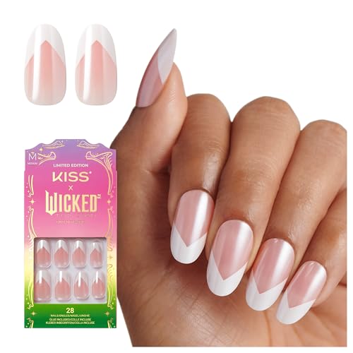 KISS X WICKED: FOR GOOD Press On Nails Good News Glinda Pink Medium Oval Waterproof Chip Proof Smudge Proof 28 Fake Nails Pink Gel Nail Glue (2g) Mini Nail File & Manicure Stick