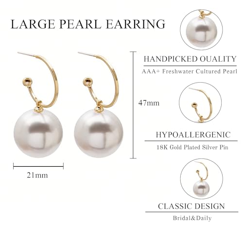 18K Gold Chic Big Simulated Pearl Earrings for Women - Oversized Classic Faux Round Large Ear Studs, Hypoallergenic and Safe for Sensitive Ears3