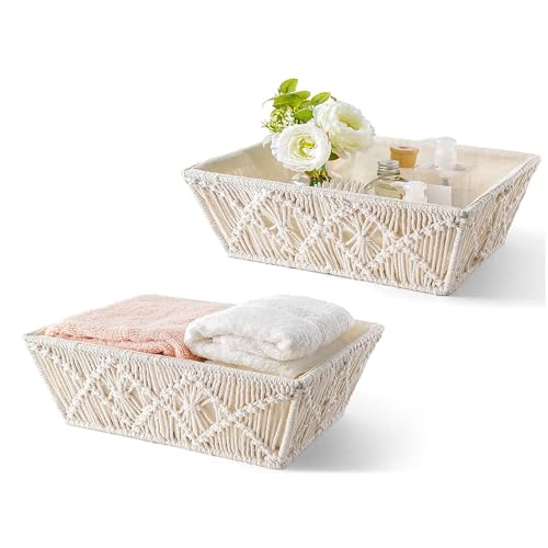 Image of KAAHIRA Set of 2 Boho Decor Macrame Storage Baskets Tray with Wooden Handle and Cotton Lining Countertop Cabin Organizer Home, Office and Events