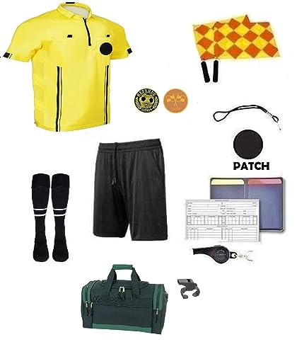 12 Pcs Referee Soccer Package Kit Men Jersey Ref Shirt Linesman Flags, Whistle Soccer Cards Sport Soccer Accessory for Adult Teenager (Adult XX-Large, Yellow)