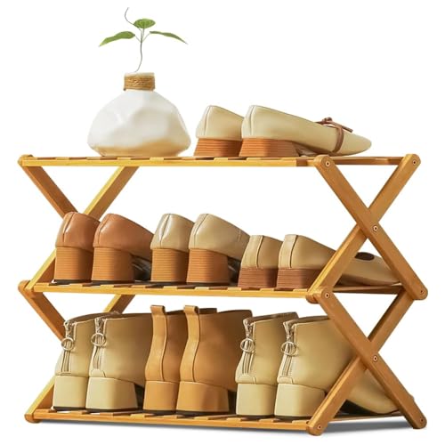 Portable Folding Shoe Storage Rack, Bamboo Shoe Rack, Folding Shoes Shelf, Organizer 3 Tier Multifunctional Free Standing Shoe Holder Racks for Closet Entryway Hallway Living Room Doorway