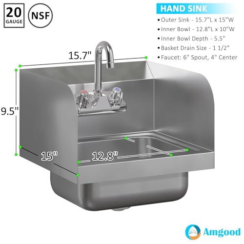 Image of 15 in. x 15 3 /4 in. NSF Certified Stainless Steel Hand Sink with Side Splash Guards- Commercial Wall Mount Hand Basin with Faucet. Ideal for Restaurants, Bars, Kitchens, and Stores