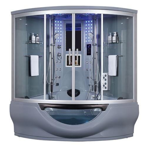 Maya Bath Platinum Superior Luxury Home Spa Steam Shower & Whirlpool Bathtub | 2-Person (64' x 64' x 88') | 5KW Generator, 34 Massage Jets, Inline Heater, 12' Smart TV & Bluetooth (Grey)