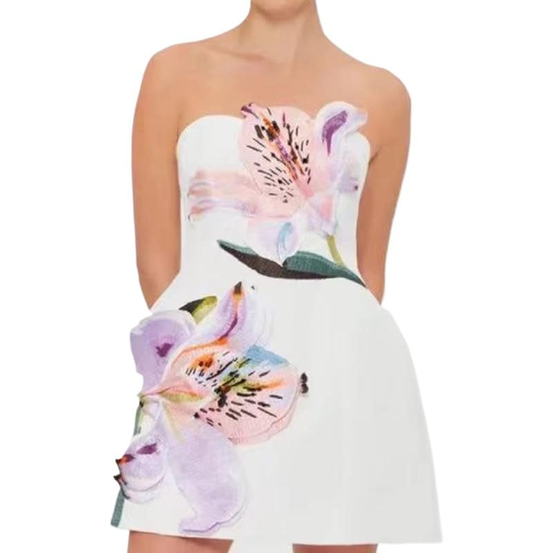 Women's A Line Short Party Dress with Flower Print Strapless Design for Summer Bridesmaid Backless Dress