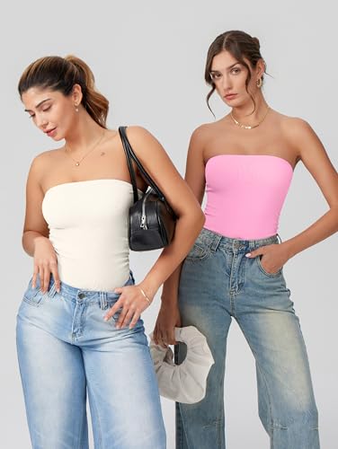 Image of OQQ Womens Tube Bodysuits Strapless Basic Sleeveless Ruched Stretch Classic-Fit Tops Sexy Bodysuits