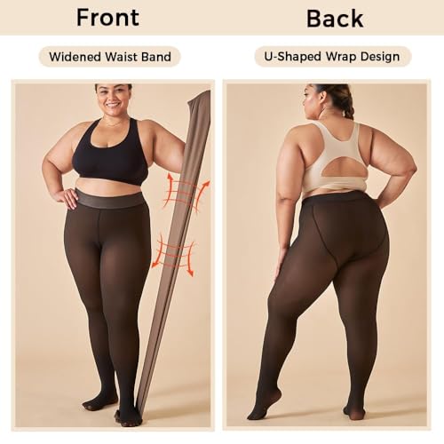 MININAI Women Fleece Lined Tights Warm Fake Sheer Pantyhose Leggings Translucent High Waist Thermal Thick Tights for Winter (Black Translucent Brown,L-XL) — view 4