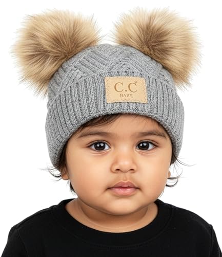 Image of Funky Junque Double Pom Pom Baby Beanie – Newborn Girl Winter Hat 0–12 Months, Cute Cozy Knit Infant Beanies for Cold Weather