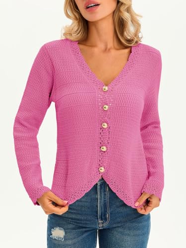Image of Saodimallsu Womens V Neck Cardigan Sweaters Button Up Cropped Boho Knit Long Sleeve Loose Trendy Sweater Tops