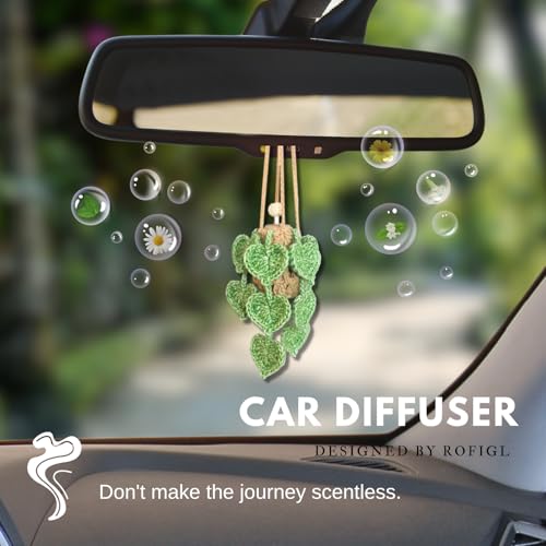 Image of ROFIGL Handmade Crochet Hanging Car Air Freshener- Lifelike Green Pothos for Hanging with 12ml Thick Refillable Glass Diffuser Bottle, Suitable Decor for Car Rearview Mirror, Home & Wellness Spaces