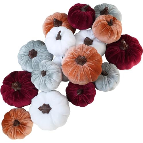 Winlyn 16 Pcs Assorted Fall Artificial Velvet Pumpkins Small Deco...