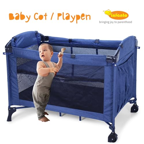 Image of Infanto Portable Baby Playpen Cum Cot with Travel Bag | Easy Fold Compact Design | 2 in 1 Functionality Crib | Double Layer Pad | Breathable Mesh Baby Bedside Crib with Playpen for Babies | Blue