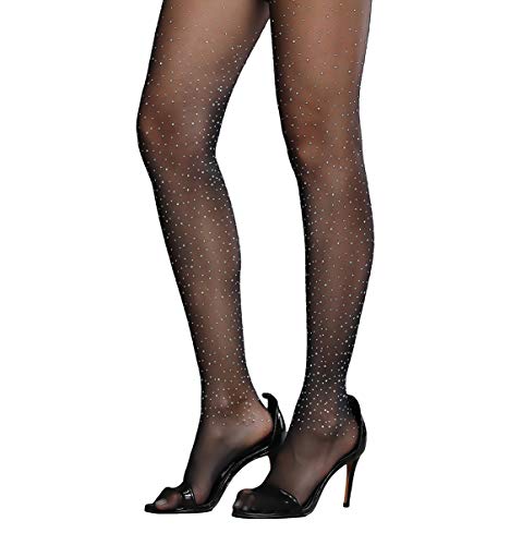 LUCKELF Medias sexys para mujer con diamantes de imitación brillantes con medias de seda doradas, transparentes y opacas, Negro-transparente, Talla única