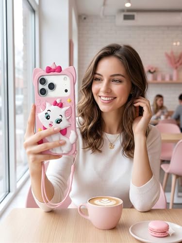 Image of amazon basics Luxury 3D Marie Cat Pink Silicone Case for iPhone 17 Pro Max | Cute Cartoon Soft Back Cover | Shockproof Kawaii Designer Cover for Girls & Women
